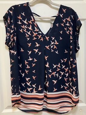 DR2 blue and orange bird pattern blouse shirt size L